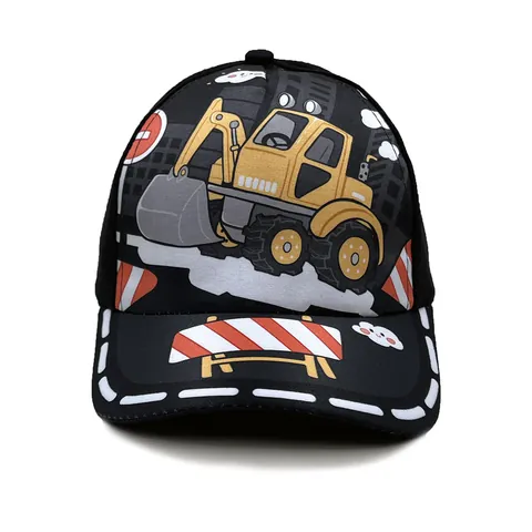 Kids Cartoon Excavator Print Baseball Cap Polyester Adjustable Sunshade Hat For Boys Girls Outdoor Construction Theme
