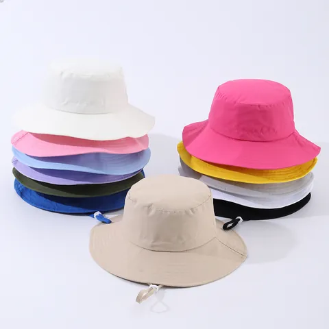 Kids Cotton Bucket Hat Solid Color Sun Protection Outdoor Beach Fishing Hat With Adjustable Windproof Rope For Boys Girls