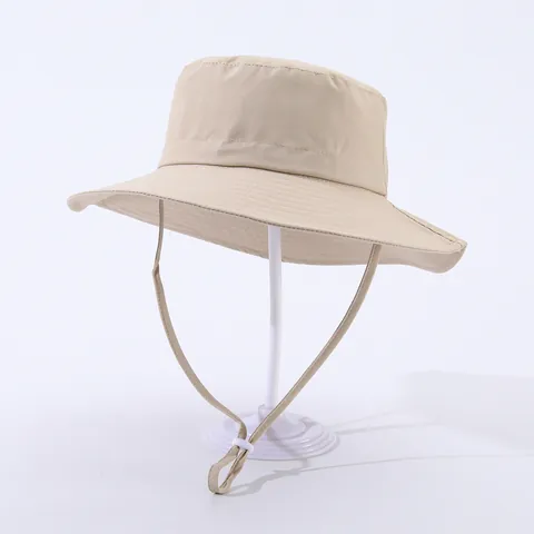 Kids Cotton Bucket Hat Solid Color Sun Protection Outdoor Beach Fishing Hat With Adjustable Windproof Rope For Boys Girls