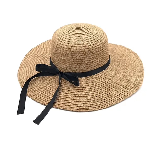 Chapeau de Paille d'Été à Large Bord Pliable pour Femme Avec Décoration de Nœud en Satin Élégant pour Plage et Voyage