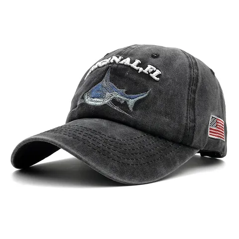 Washed Cotton Shark Embroidery Baseball Cap Vintage Distressed Snapback Hat For Men Women Adjustable Outdoor Sunshade Dad Hat