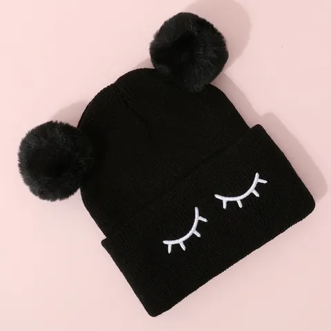 Kids Cute Eyelash Embroidery Knitted Beanie Hat With Double Faux Fur Pom Poms Winter Warm Acrylic Crochet Skull Cap