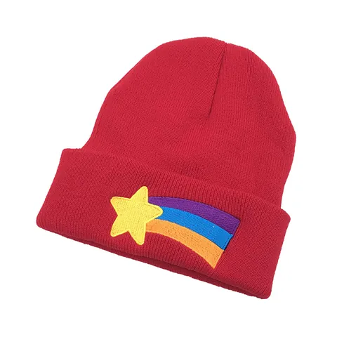 Red Knitted Beanie Hat With Shooting Star Rainbow Embroidery Warm Winter Ski Hat For Women Men Outdoor Elastic Cuffed Hat