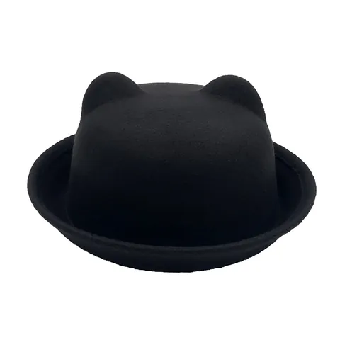 Cute Round Top Cat Ear Bowler Hat 100% Polyester Rolled Edge Warm Winter Felt Hat For Kids Women Fashion Daily Headwear