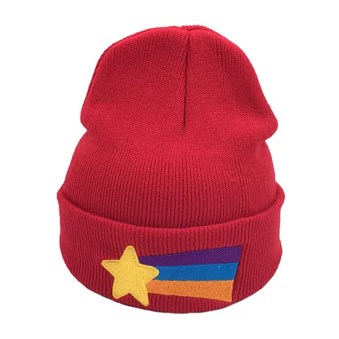 Red Knitted Beanie Hat With Shooting Star Rainbow Embroidery Warm Winter Ski Hat For Women Men Outdoor Elastic Cuffed Hat