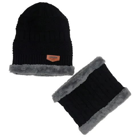 Conjunto de Gorro de Punto de Invierno y Calentador de Cuello Bufanda Forro de Felpa Cálido Grueso Skull Cap Snood para Hombre Mujer Accesorio