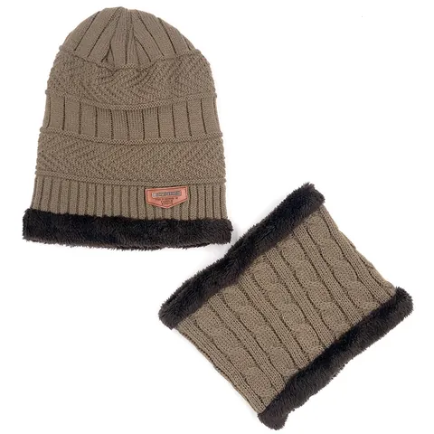 Conjunto de Gorro de Punto de Invierno y Calentador de Cuello Bufanda Forro de Felpa Cálido Grueso Skull Cap Snood para Hombre Mujer Accesorio