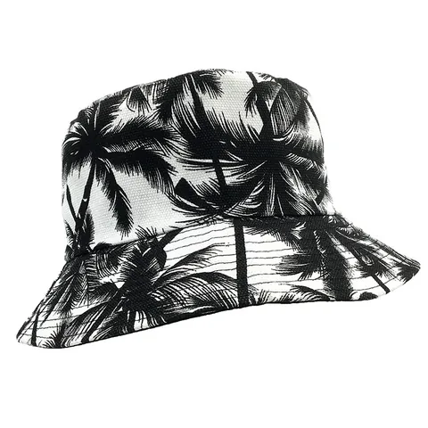 Vintage Coconut Tree Print Cotton Bucket Hat Retro Sunshade Sun Hat Casual Travel Beach Outdoor Fisherman Hat For Women Men