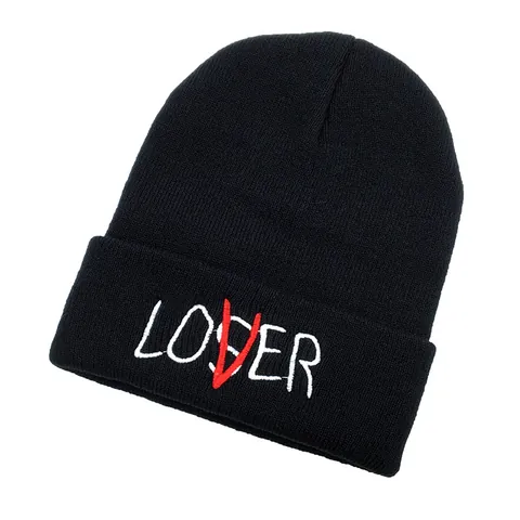 Berretto a Maglia Unisex Invernale Caldo Ricamo Loser Lover Lettera Casual Hip Hop Streetwear Nero Skull Cap