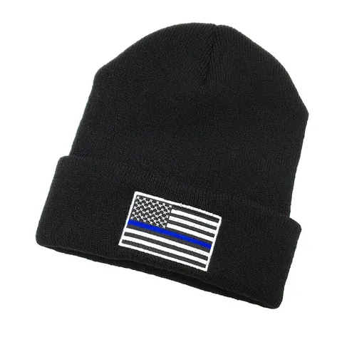 Berretto a Maglia Con Ricamo Bandiera Americana Thin Blue Line Per Uomo Donna Inverno Caldo Outdoor Sci Nero Knit Hat