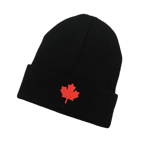 Berretto in Maglia con Ricamo Foglia d'Acero Rossa Canada per Uomo e Donna Cappello Invernale Caldo a Coste Casual Nero