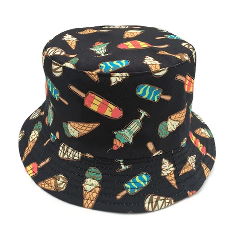 Vintage Ice Cream Banana Print Cotton Bucket Hat For Men Women Outdoor Casual Sun Hat Double Sided Breathable Fisherman Hat