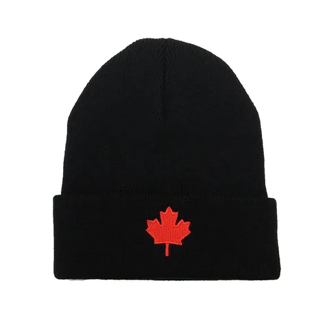 Berretto in Maglia con Ricamo Foglia d'Acero Rossa Canada per Uomo e Donna Cappello Invernale Caldo a Coste Casual Nero