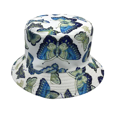 Women Cotton Butterfly Print Bucket Hat Double Sided Wearable Outdoor Sun Protection Folding Fisherman Cap Streetwear Headwear