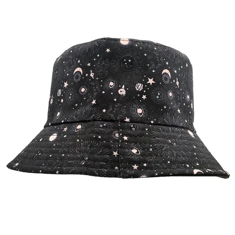Unisex Cotton Reversible Bucket Hat Celestial Galaxy Moon Star Print Double Sided Sun Protection Outdoor Summer Travel Hat