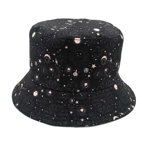 Unisex Cotton Reversible Bucket Hat Celestial Galaxy Moon Star Print Double Sided Sun Protection Outdoor Summer Travel Hat