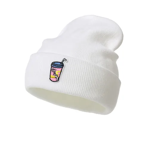 Women Men Knitted Beanie Hat Warm Winter Ribbed Cuff Beanie Cartoon Drink Cup Embroidery Patch Minimalist Streetwear Skull Cap