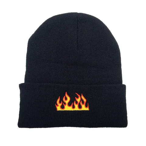 Unisex Hip Hop Flame Embroidered Beanie Hat Autumn Winter Warm Knitted Cuff Cap Soft Acrylic Streetwear Headwear For Men Women