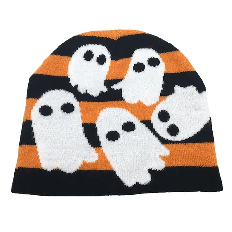 Gorro de Punto a Rayas con Patrón de Fantasma de Halloween Para Hombre Mujer Invierno Cálido Naranja Negro Jacquard Gorro