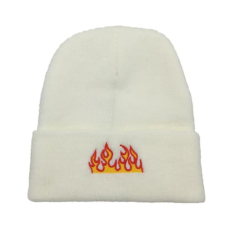 Unisex Hip Hop Flame Embroidered Beanie Hat Autumn Winter Warm Knitted Cuff Cap Soft Acrylic Streetwear Headwear For Men Women