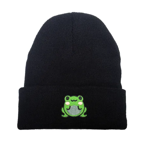 Simpatico Cappello a Maglia Con Ricamo a Rana per Uomo Donna Inverno Caldo Nero a Costine Morbido Berretto in Filato Acrilico