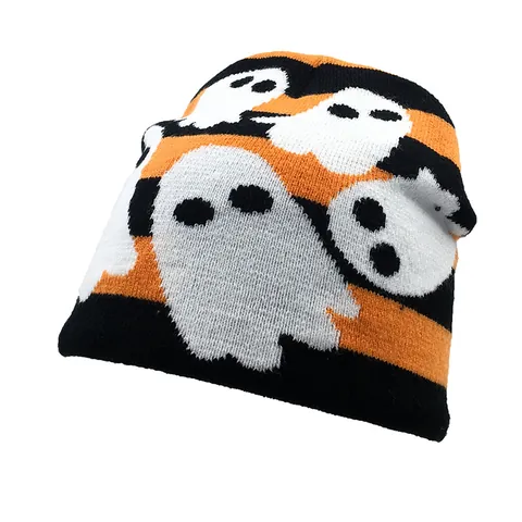 Gorro de Punto a Rayas con Patrón de Fantasma de Halloween Para Hombre Mujer Invierno Cálido Naranja Negro Jacquard Gorro