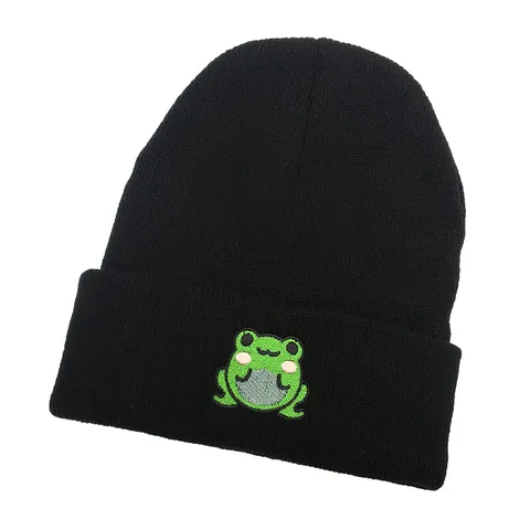 Simpatico Cappello a Maglia Con Ricamo a Rana per Uomo Donna Inverno Caldo Nero a Costine Morbido Berretto in Filato Acrilico