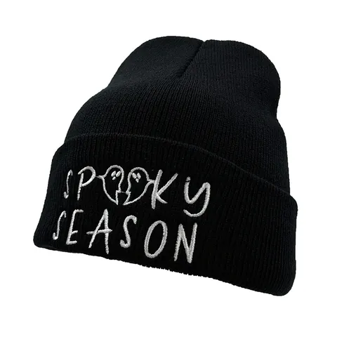 Spooky Season Halloween Fantasma Ricamo Berretto Per Uomo Donna Inverno Caldo Cappello A Maglia Acrilico Morbido Skull Cap Nero