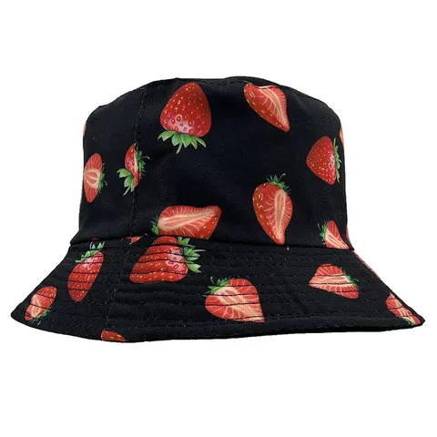 Women Cotton Strawberry Print Bucket Hat Reversible Sun Protection Fisherman Hat Casual Outdoor Summer Beach Travel Cap