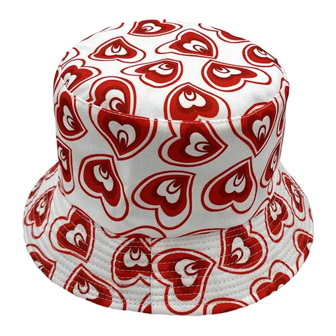 Women's Heart Print Bucket Hat Flat Top Wide Brim Sun Protection Polyester Fisherman Hat For Valentine's Day Casual Outdoor