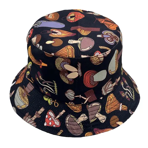 Mushroom Print Bucket Hat For Women Men Summer Sun Protection Wide Brim Foldable Polyester Casual Fisherman Hat Outdoor Travel