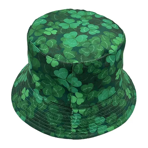 St Patrick's Day Shamrock Bucket Hat Polyester Sunshade Printed Four Leaf Clover Fishermen Cap For Adults Outdoor Festive Hat