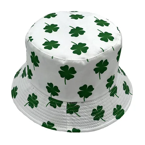 St Patrick's Day Shamrock Bucket Hat Polyester Sunshade Printed Four Leaf Clover Fishermen Cap For Adults Outdoor Festive Hat
