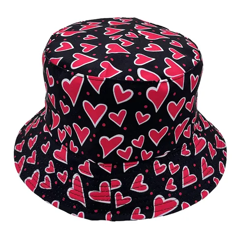Women's Heart Print Bucket Hat Flat Top Wide Brim Sun Protection Polyester Fisherman Hat For Valentine's Day Casual Outdoor