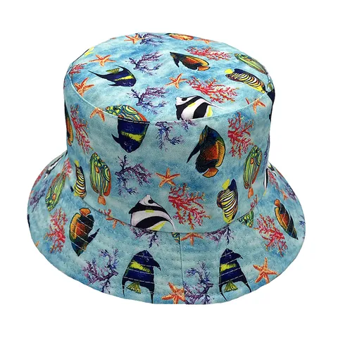 Unisex Casual Polyester Bucket Hat Summer Sun Protection Fisherman Cap Tropical Fish Dinosaur Unicorn Guitar Print Outdoor Beach Hat