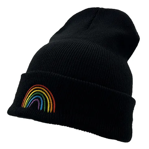 Berretto in Maglia Invernale Caldo Per Donna Uomo Con Ricamo Arcobaleno Nero In Acrilico A Costine Per Moda Outdoor
