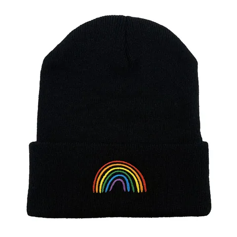Berretto in Maglia Invernale Caldo Per Donna Uomo Con Ricamo Arcobaleno Nero In Acrilico A Costine Per Moda Outdoor