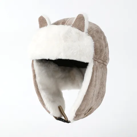 Warme Winter Bombermuts voor Dames Schattige Kattenoren Oorbescherming Trapper Muts Winddicht Verdikte Pluche Voering Buiten Fietsen Muts