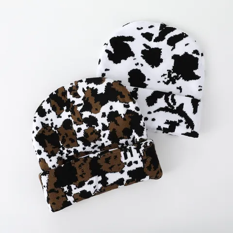 Winter Warm Knit Beanie For Men Women Cow Leopard Print Jacquard Cuffed Hip Hop Streetwear Acrylic Slouchy Hat Jewelry Gift