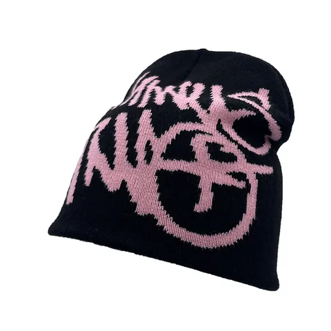 Streetwear Jacquard Knitted Beanie Hat Graffiti Letter Pattern Hip Hop Warm Winter Skull Cap For Men Women Black Pink