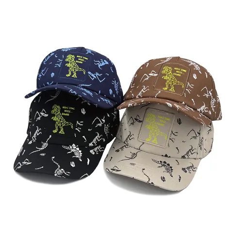 Kids Cotton Dinosaur Skeleton Print Baseball Cap Geometric Dinosaur Patch Adjustable Hip Hop Sun Hat For Boys Girls