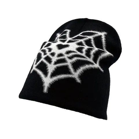 Y2K Gothic Spider Web Heart Knit Beanie For Men Women Streetwear Hip Hop Warm Winter Jacquard Skull Cap Hat