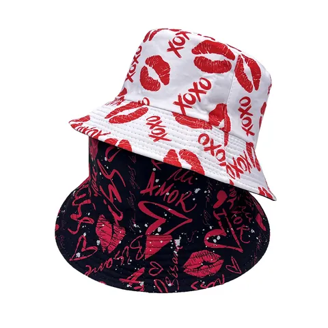 Valentinstag Herz Lippen Druck Anglerhut Für Damen Polyester Sonnenschutz Lässig Sommer Strand Outdoor Romantisch Becken Hut