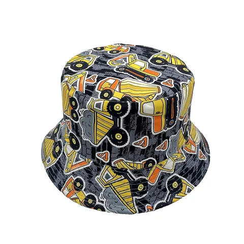 Kids Cartoon Engineering Vehicle Pattern Bucket Hat Polyester Sun Protection Fisherman Hat For Boys Girls Outdoor Travel