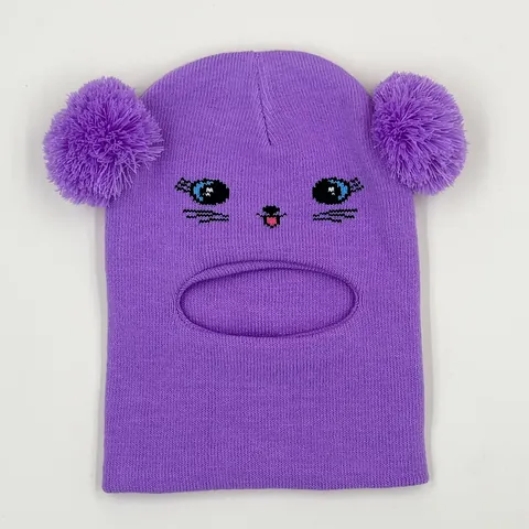 Kids Knitted Balaclava Hat With Pom Poms Cartoon Cat Jacquard Winter Warm Beanie Neck Warmer For Girls Toddlers