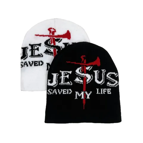 Cappello Beanie a Maglia Jacquard Jesus Saved My Life Motivo a Croce Acrilico Invernale Caldo Per Uomo Donna Nero Bianco