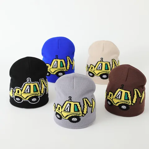 Kids Toddler Boys Knit Beanie Hat Cute Cartoon Excavator Jacquard Warm Winter Pullover Cap For Toddlers Children Daily Wear