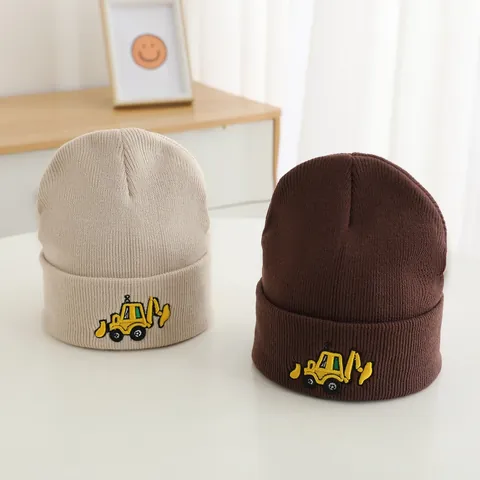 Kids Excavator Embroidery Knitted Beanie Hat Warm Acrylic Winter Skull Cap For Boys Girls Cartoon Engineering Vehicle Hat
