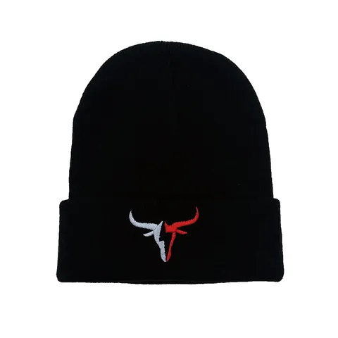 Berretto in Maglia di Acrilico Unisex Con Ricamo a Testa di Toro Caldo Inverno Risvolto Skull Cap Per Stile Hip Hop