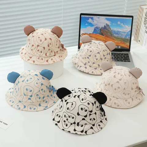 Cute Panda Print Cotton Baby Bucket Hat With 3D Ears And Bowknot Windproof Sun Protection Hat For Infant Toddler